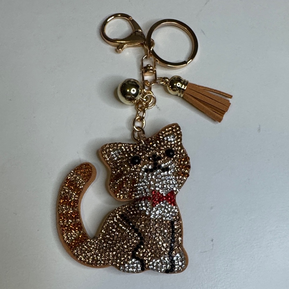 Sparkling Cat Keychain with Gold Accents